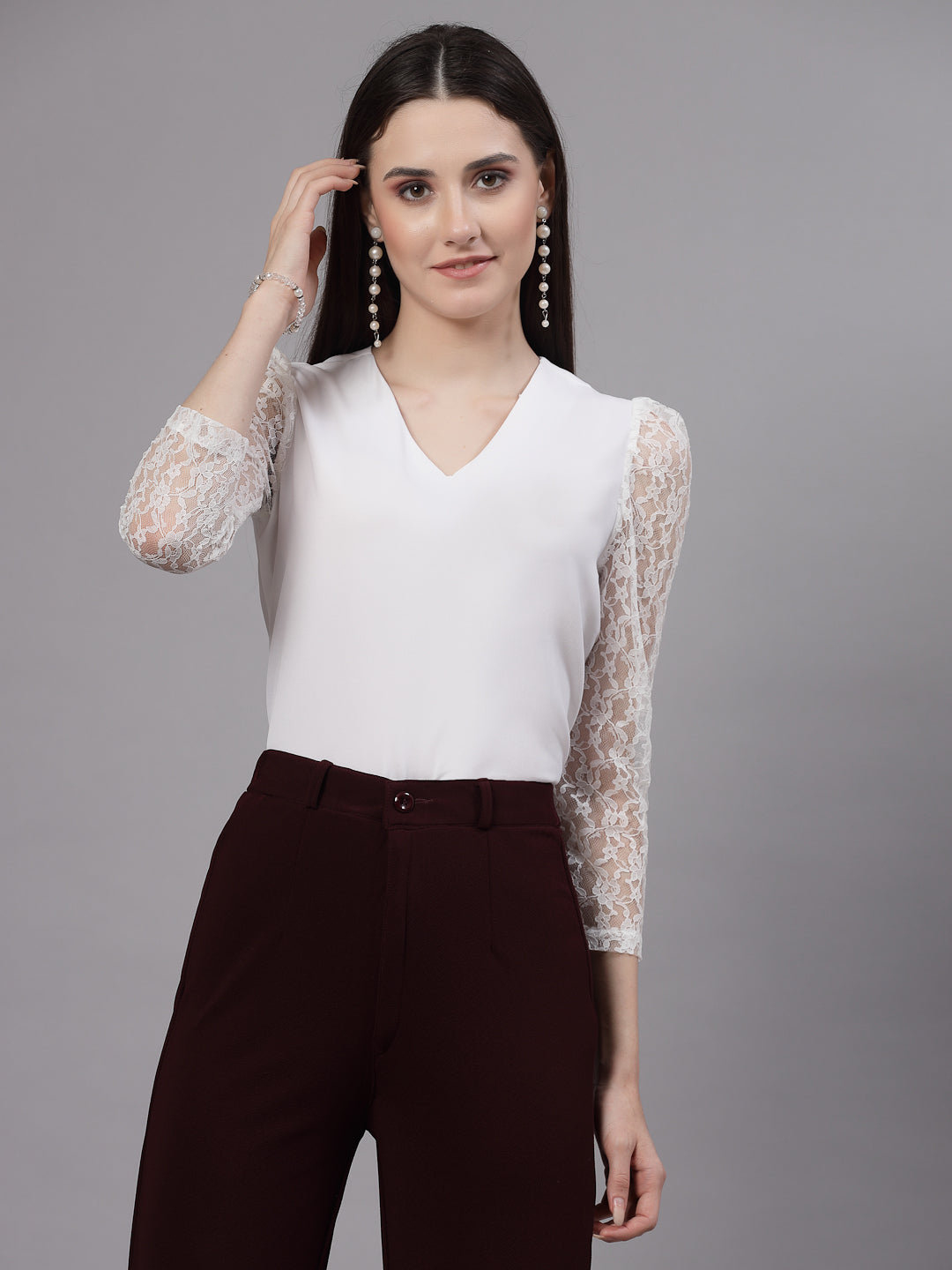 Style Quotient Women Solid White Polymoss Smart Casual Top-Tops-StyleQuotient