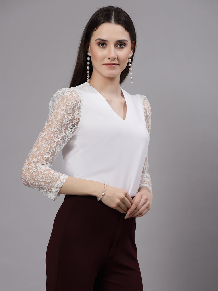 Style Quotient Women Solid White Polymoss Smart Casual Top-Tops-StyleQuotient