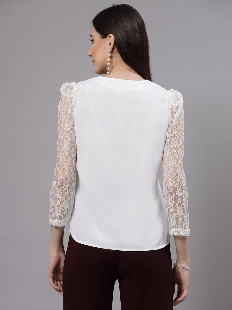 Style Quotient Women Solid White Polymoss Smart Casual Top-Tops-StyleQuotient