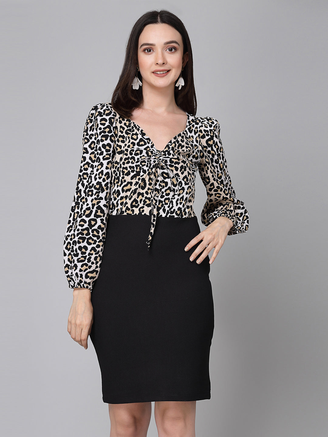 Style Quotient Women Tan and Black Animal Printed Polyester Smart Casual Bodycon Dress-Dressers-StyleQuotient