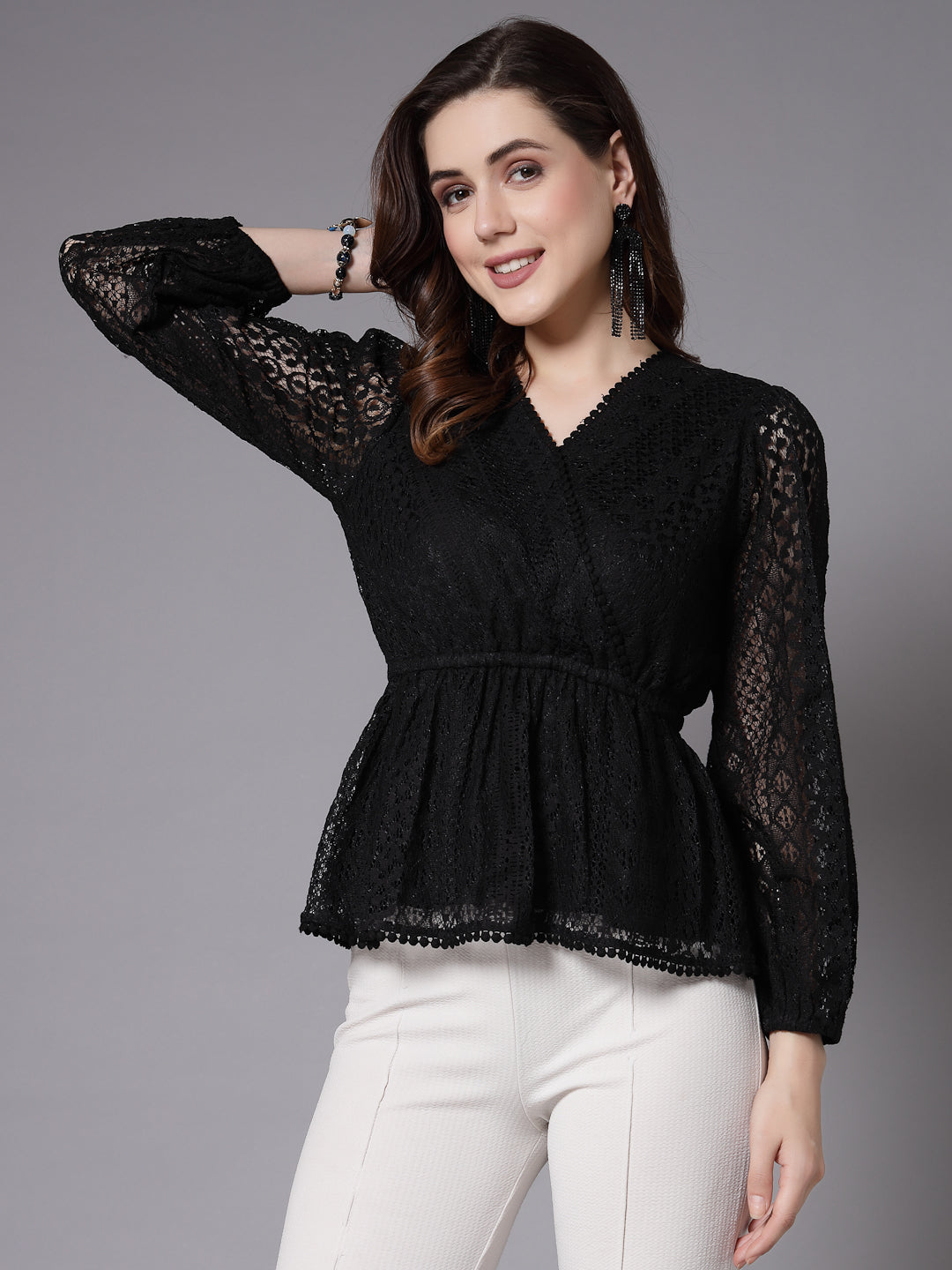 Style Quotient Women Black Lace Caual Top-Tops-StyleQuotient