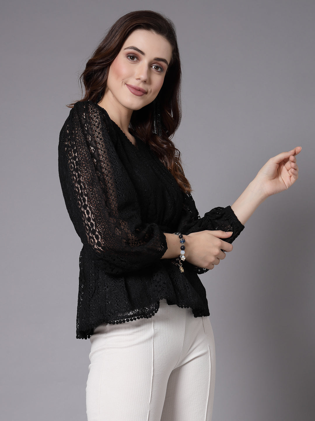 Style Quotient Women Black Lace Caual Top-Tops-StyleQuotient