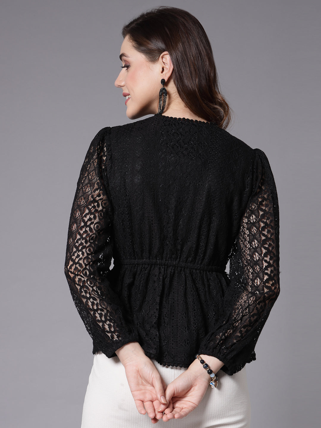 Style Quotient Women Black Lace Caual Top-Tops-StyleQuotient