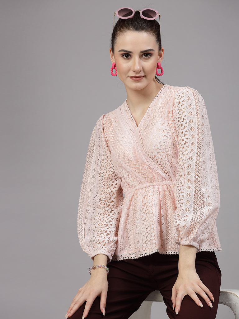 Style Quotient Women Peach Lace Casual Top-Tops-StyleQuotient