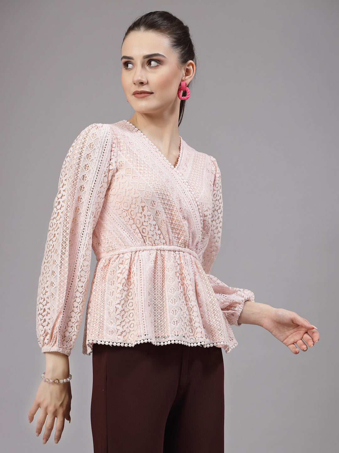 Style Quotient Women Peach Lace Casual Top-Tops-StyleQuotient