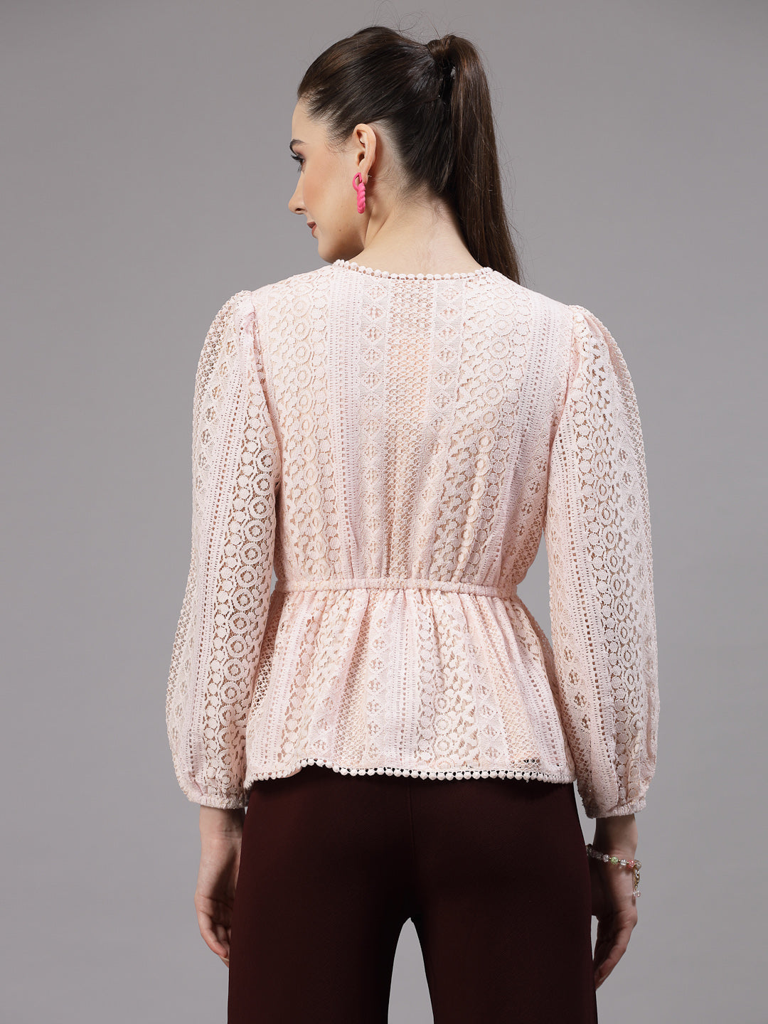 Style Quotient Women Peach Lace Casual Top-Tops-StyleQuotient