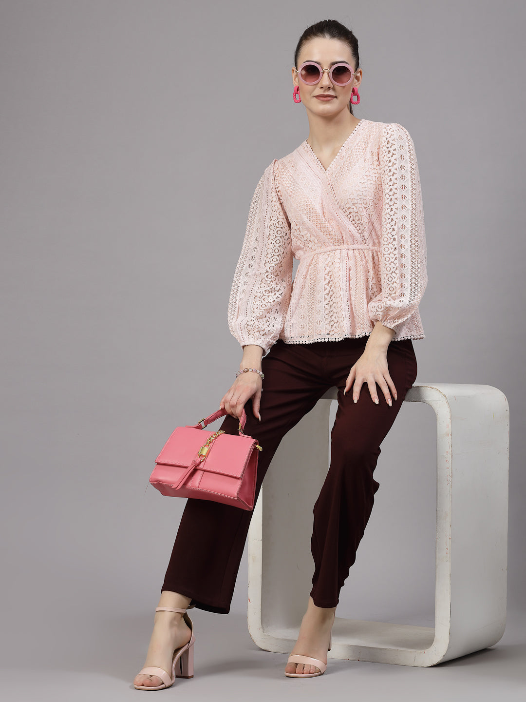 Style Quotient Women Peach Lace Casual Top-Tops-StyleQuotient