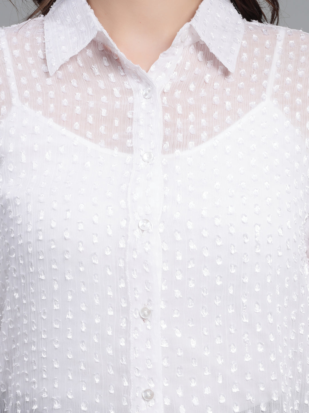 Style Quotient Women White Self Design Swiss Dot Polyester Smart Casual Shirt-Shirts-StyleQuotient