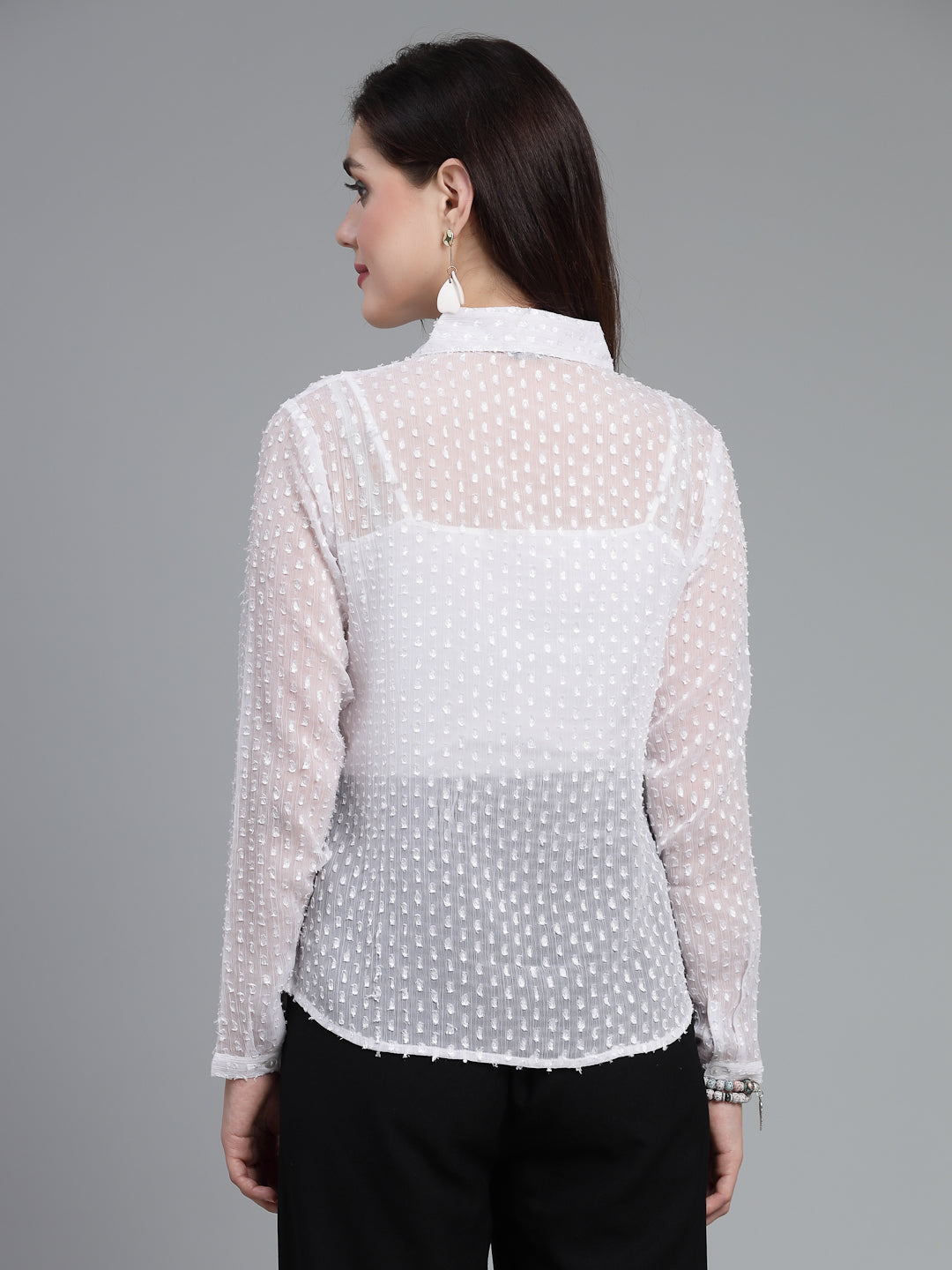 Style Quotient Women White Self Design Swiss Dot Polyester Smart Casual Shirt-Shirts-StyleQuotient