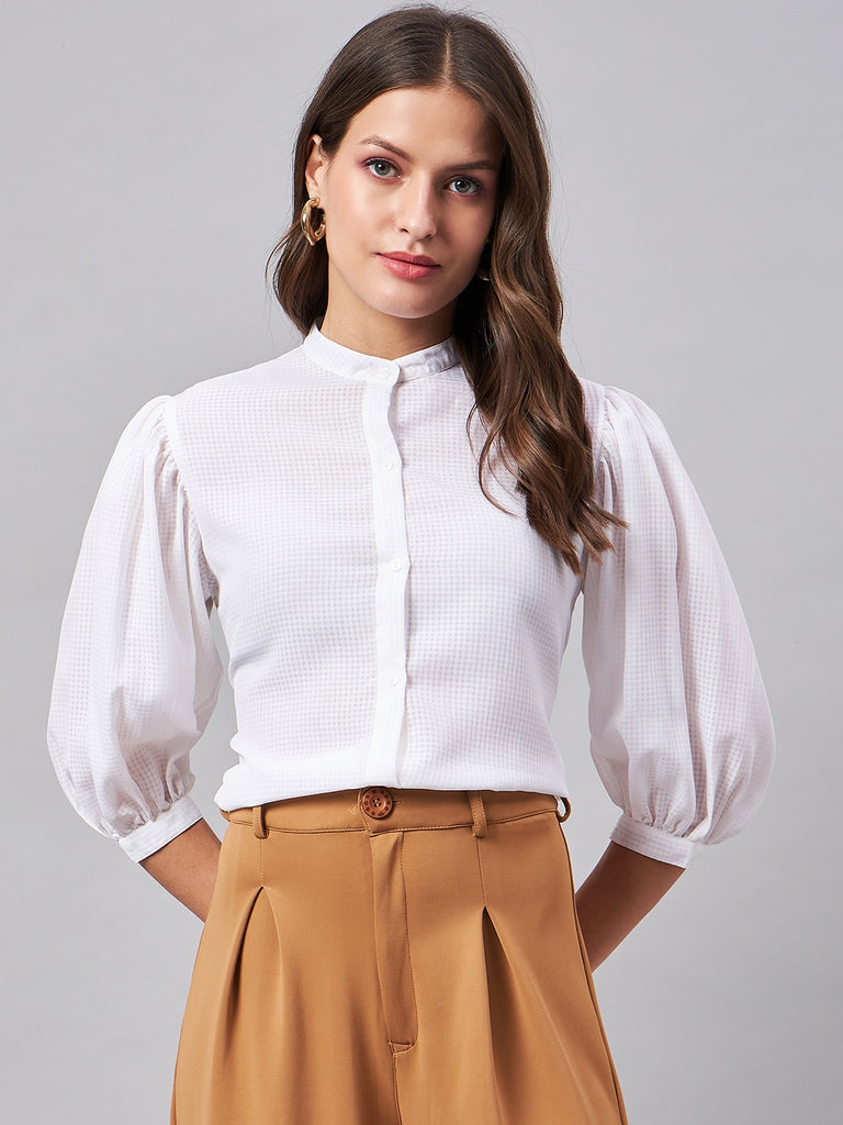 Style Quotient Women White Self Design Polyester Semi Formal Shirt-Shirts-StyleQuotient