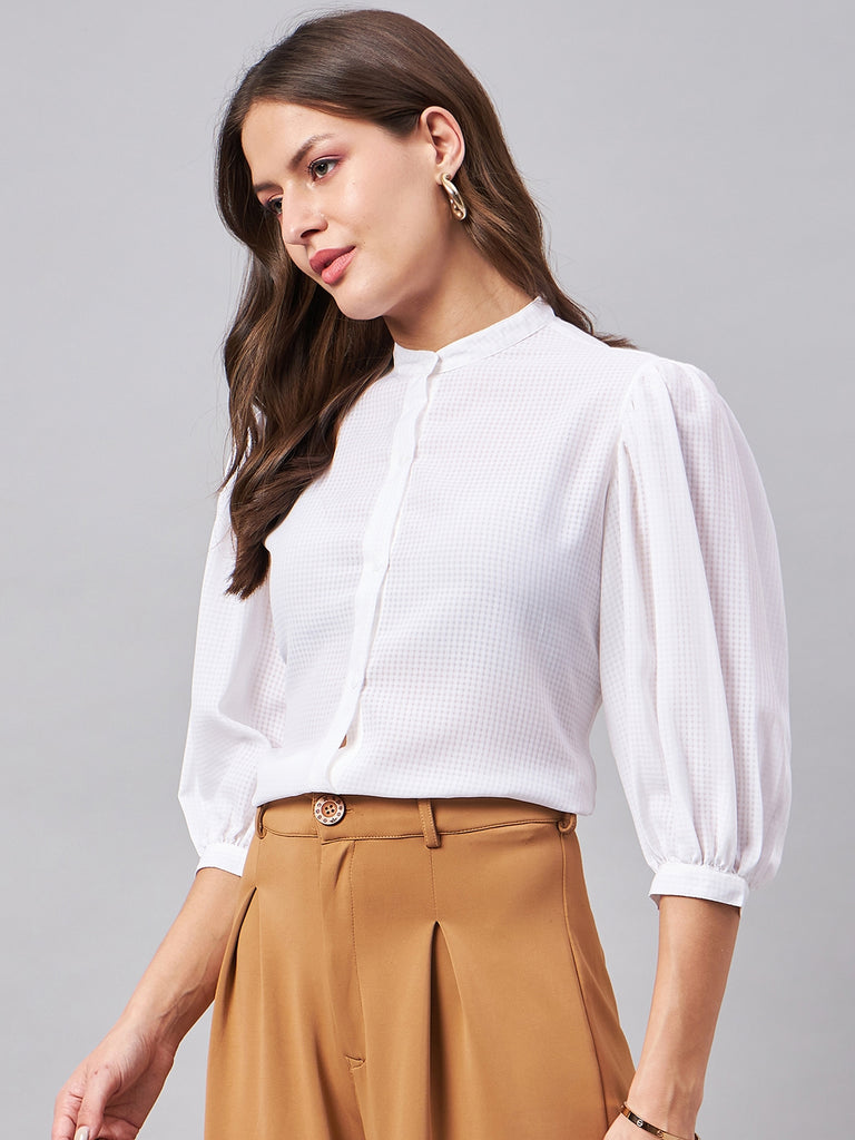 Style Quotient Women White Self Design Polyester Semi Formal Shirt-Shirts-StyleQuotient
