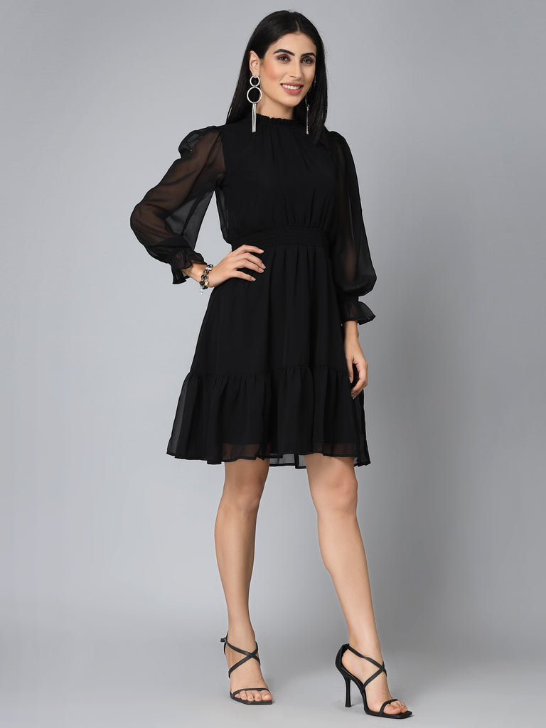 Style Quotient Women Solid Black Georgette Dress-Dresses-StyleQuotient