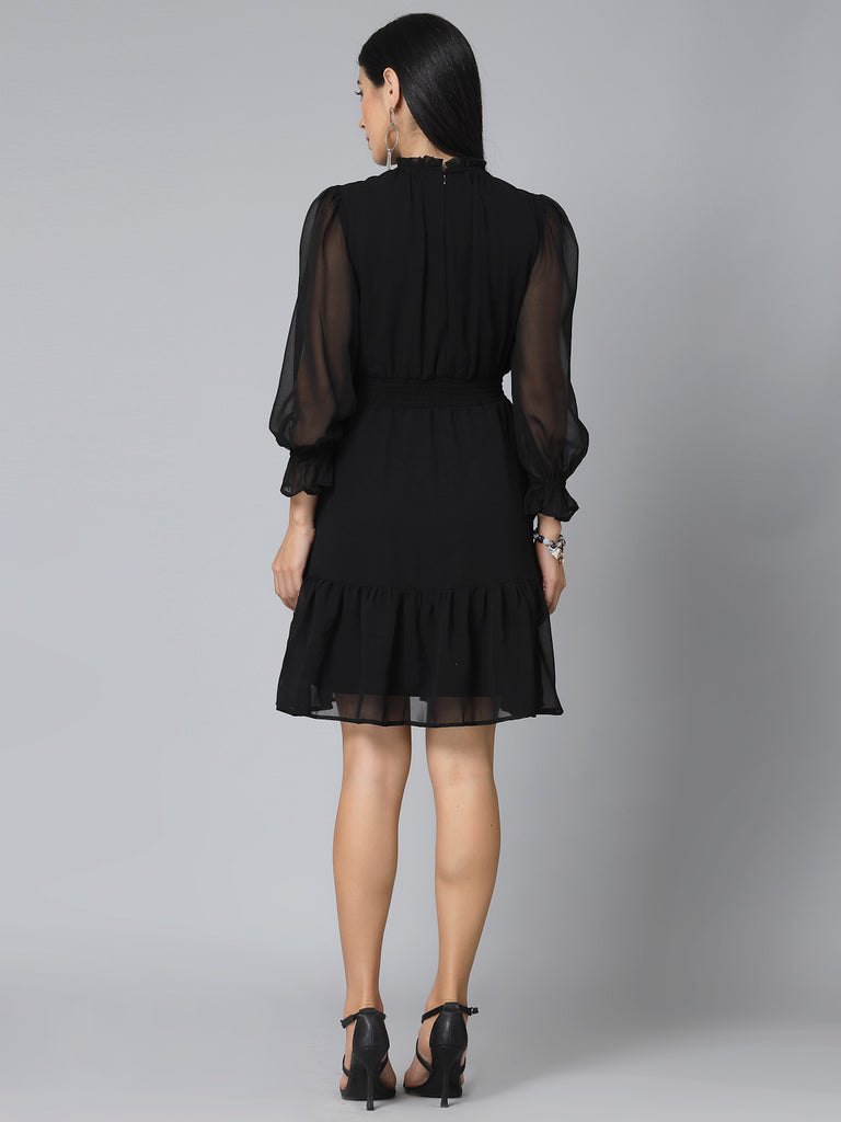 Style Quotient Women Solid Black Georgette Dress-Dresses-StyleQuotient
