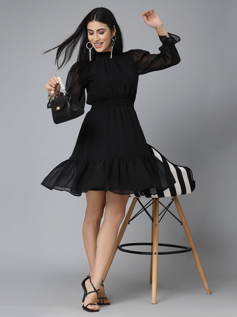 Style Quotient Women Solid Black Georgette Dress-Dresses-StyleQuotient