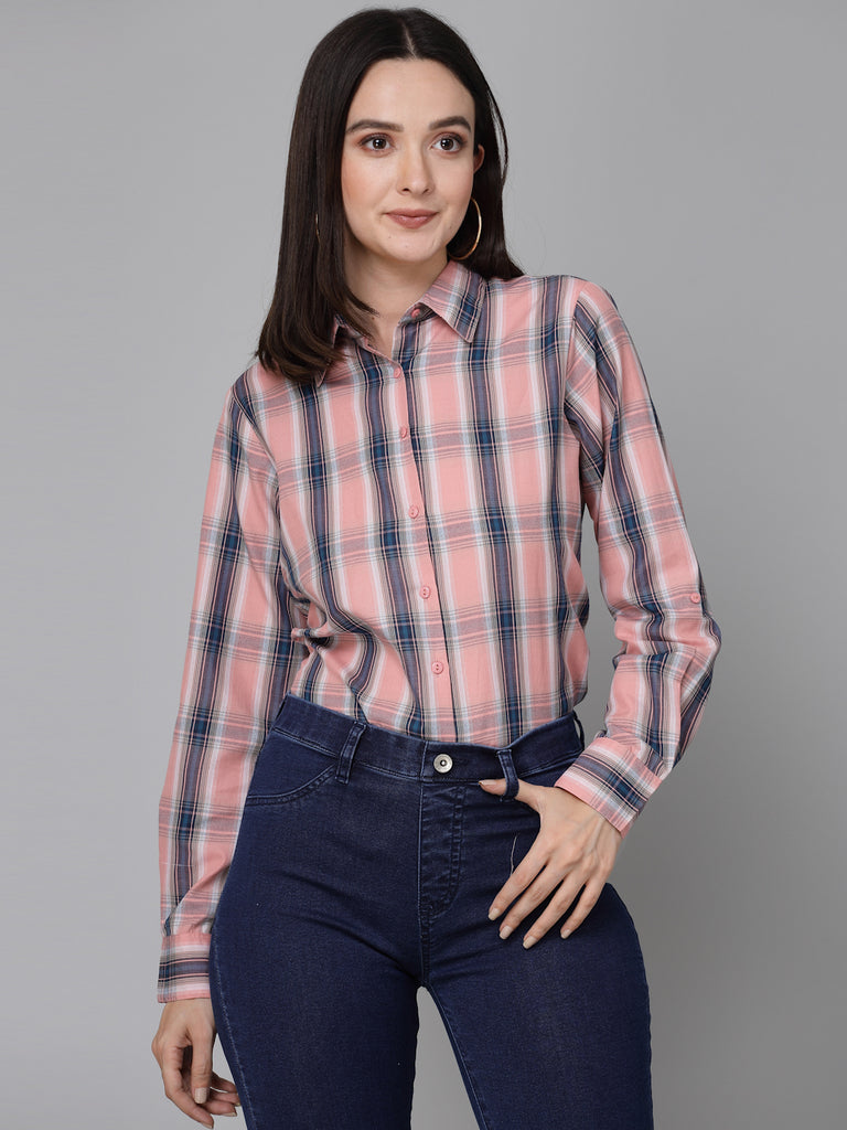 Style Quotients Women Pink Cotton Checks Smart Casual Shirt-Shirts-StyleQuotient