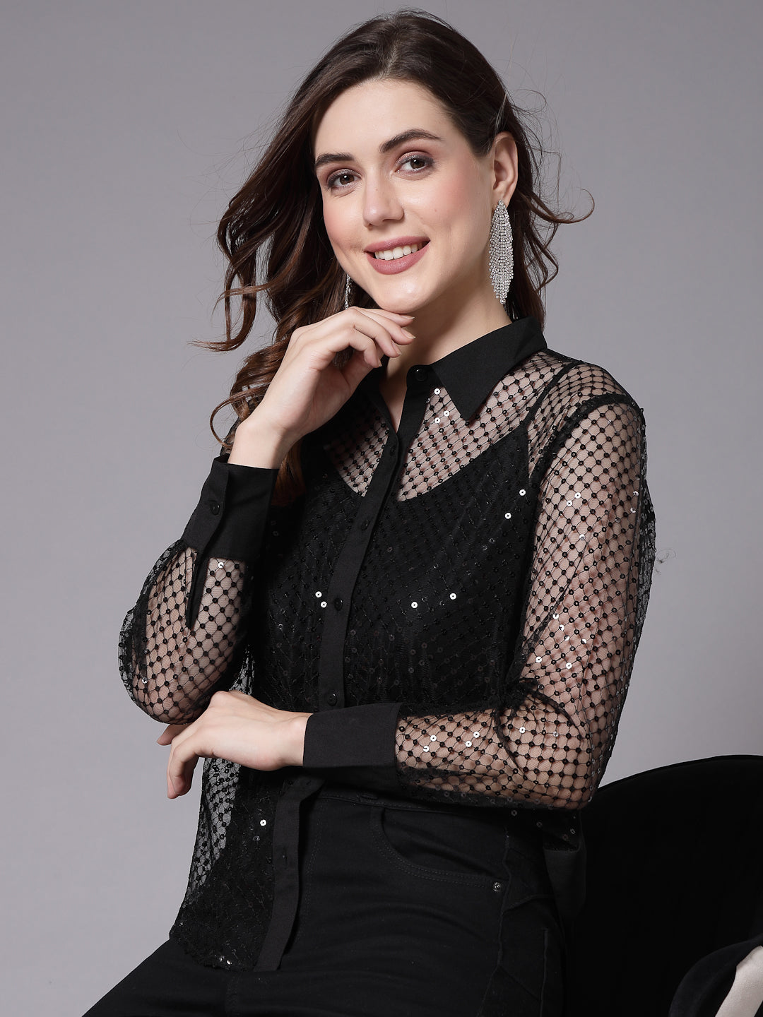 Style Quotient Women Self Design Black Sequin Party Shirt-Shirts-StyleQuotient