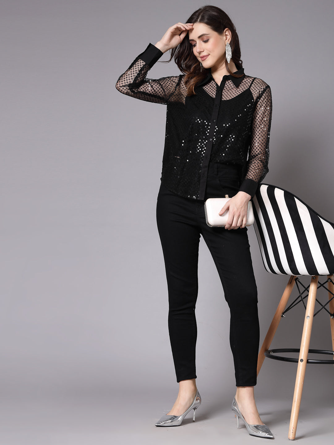 Style Quotient Women Self Design Black Sequin Party Shirt-Shirts-StyleQuotient