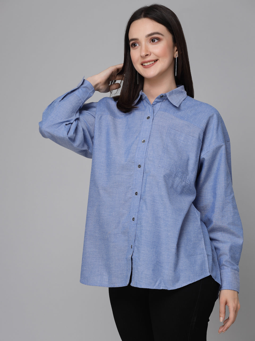 Style Quotients Women Chambray Blue Cotton Casual Oversized Shirt-Shirts-StyleQuotient