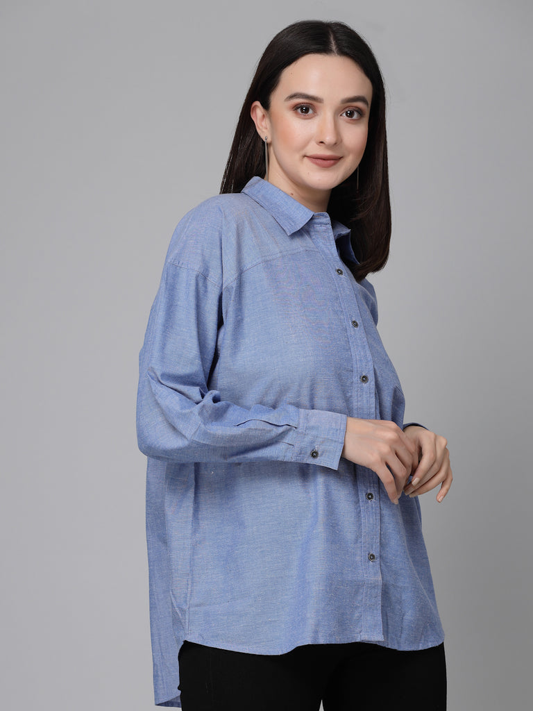 Style Quotients Women Chambray Blue Cotton Casual Oversized Shirt-Shirts-StyleQuotient