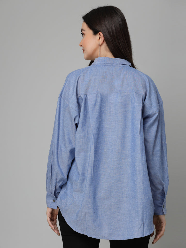 Style Quotients Women Chambray Blue Cotton Casual Oversized Shirt-Shirts-StyleQuotient