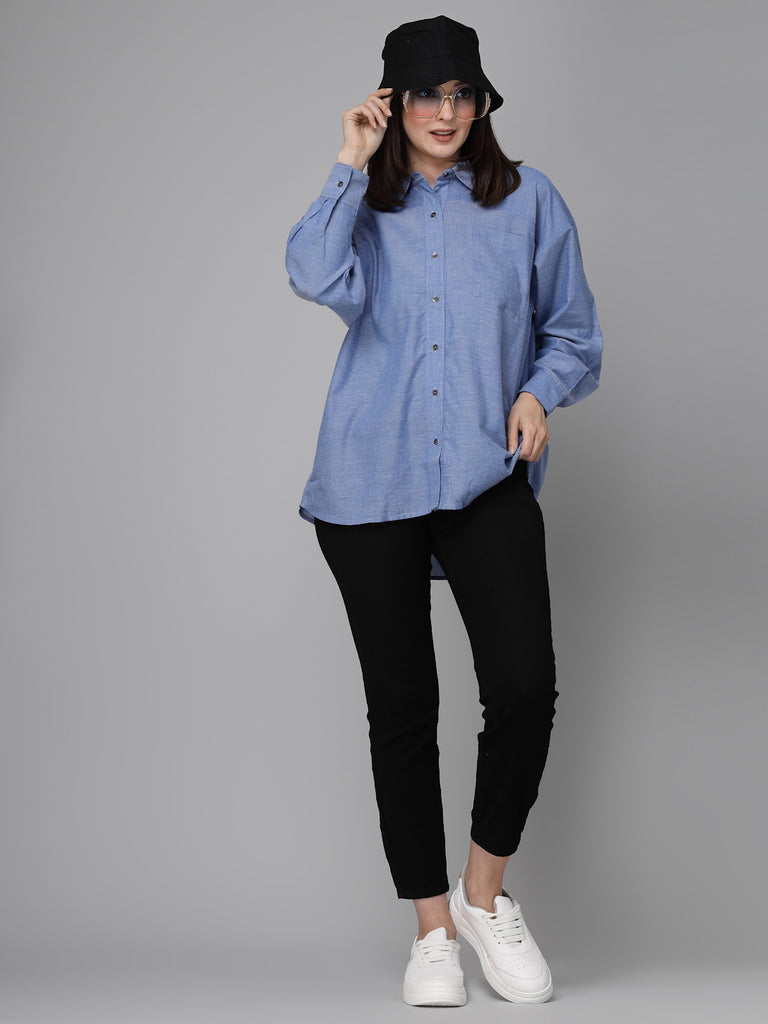 Style Quotients Women Chambray Blue Cotton Casual Oversized Shirt-Shirts-StyleQuotient