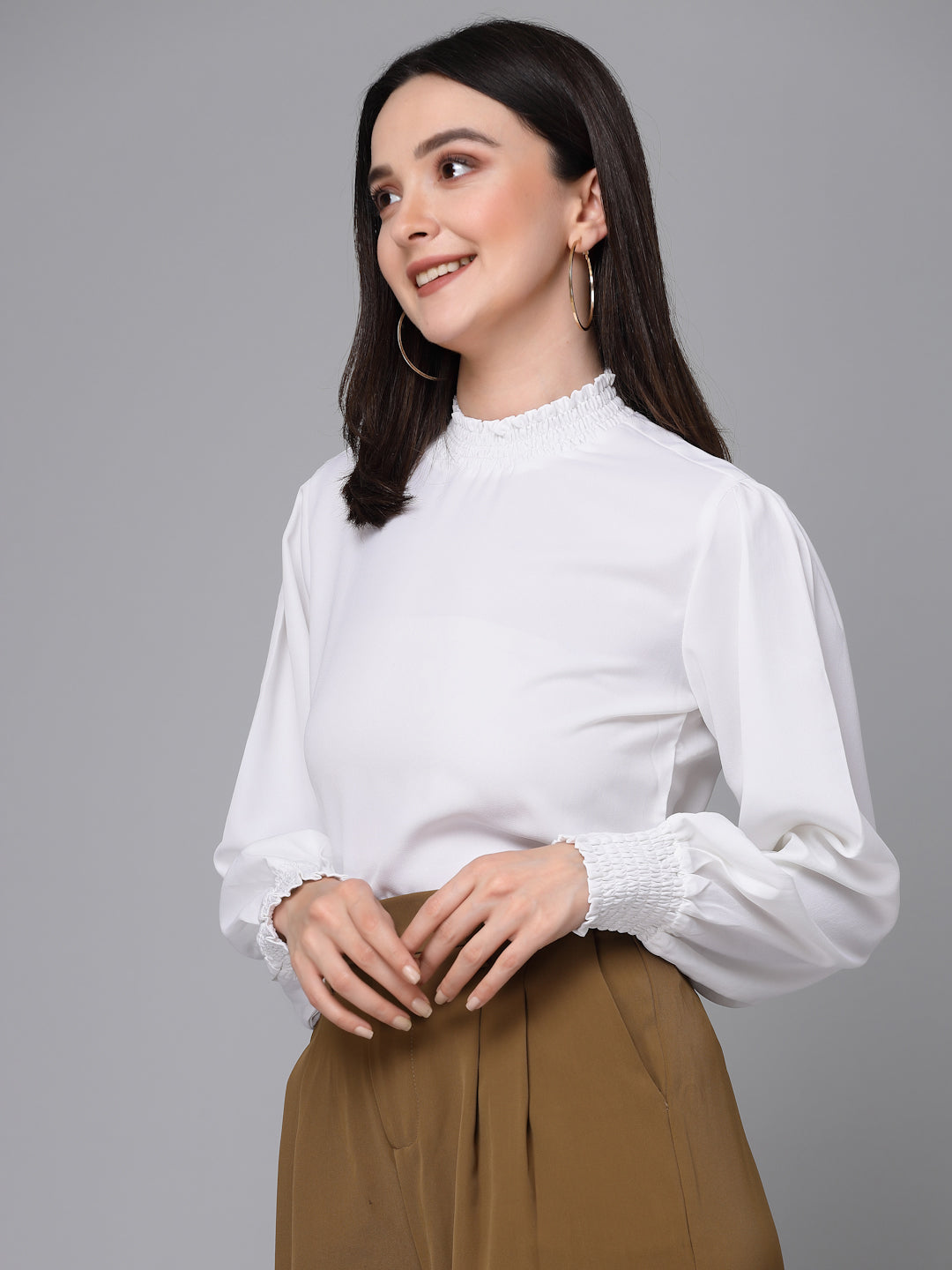 Style Quotient Women Solid White Polyester Semi Formal Smocked Top-Tops-StyleQuotient