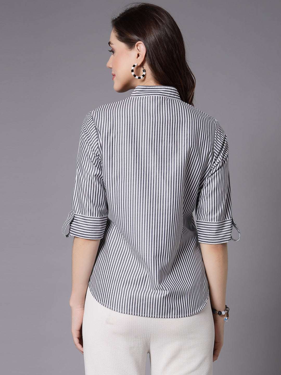 Style Quotient Women Black and White Stripe PolyCotton Smart casual top-Tops-StyleQuotient