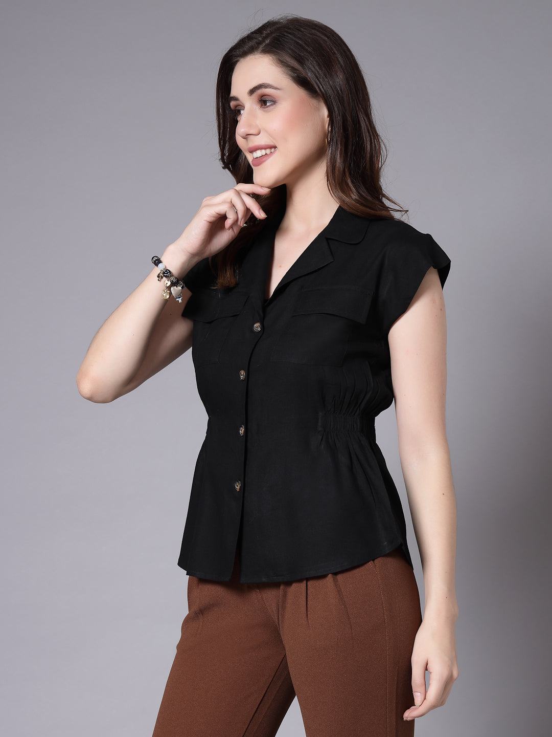 Style Quotient Women Solid Black Viscose Rayon Formal Shirt-Shirts-StyleQuotient