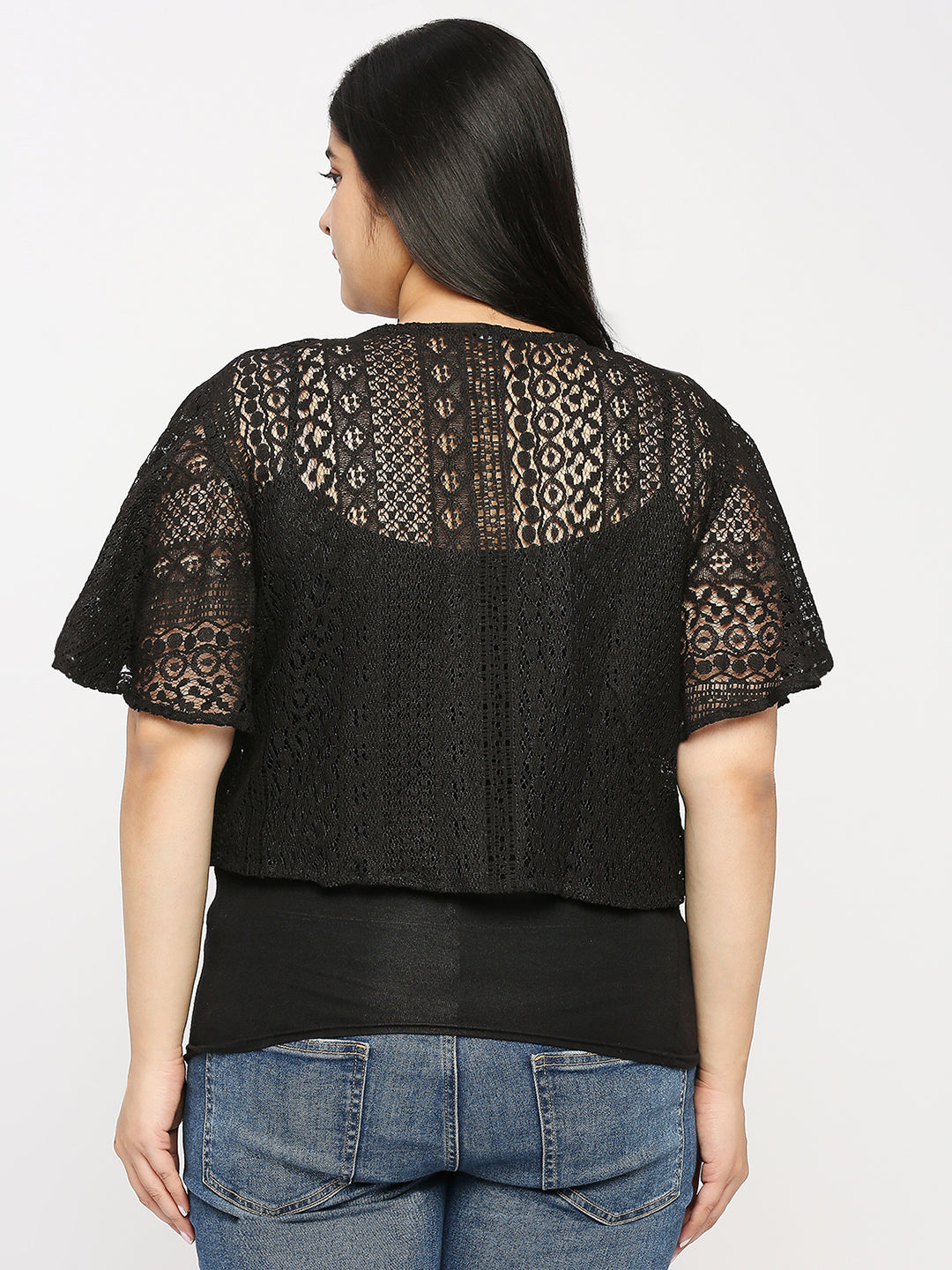 Style Quotient Plus Women Black Self Design Lace Open Front Smart Casual Shrug-Shrug-StyleQuotient