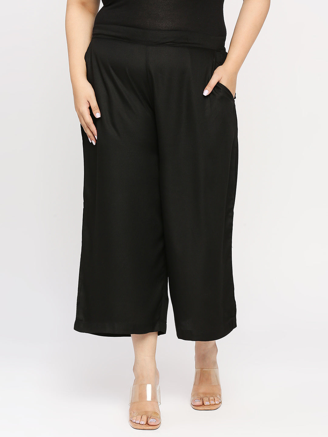 Style Quotient Women Solid Black Viscose Rayon Wide leg Trouser-Trousers-StyleQuotient