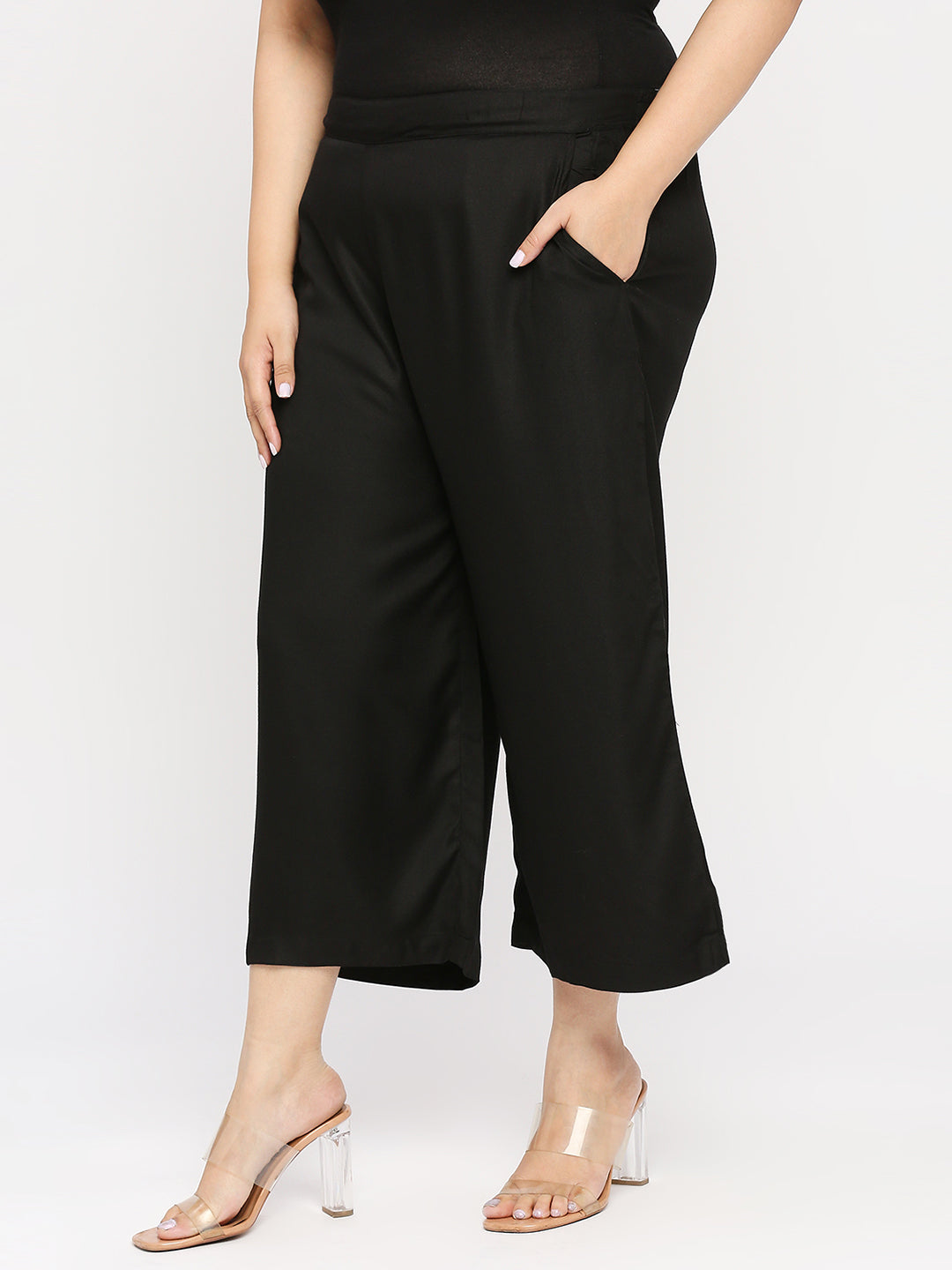 Style Quotient Women Solid Black Viscose Rayon Wide leg Trouser-Trousers-StyleQuotient