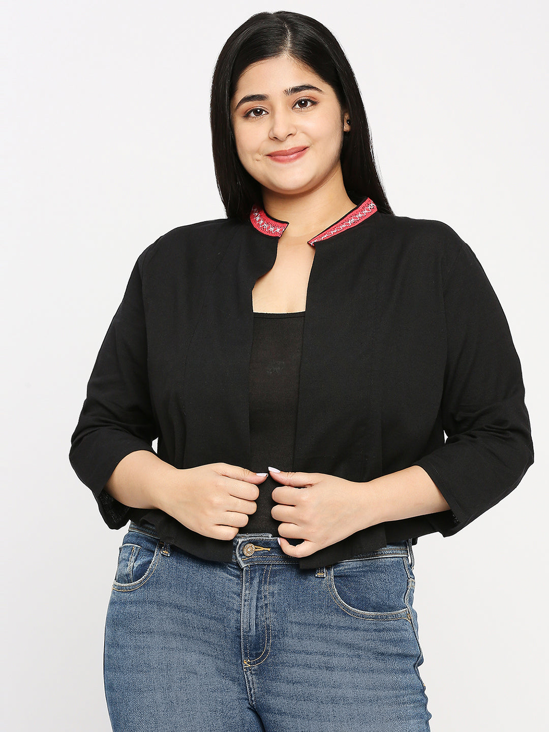 Style Quotient Plus Women Solid Black Cotton Smart Casual Crop Shrug-Shrug-StyleQuotient