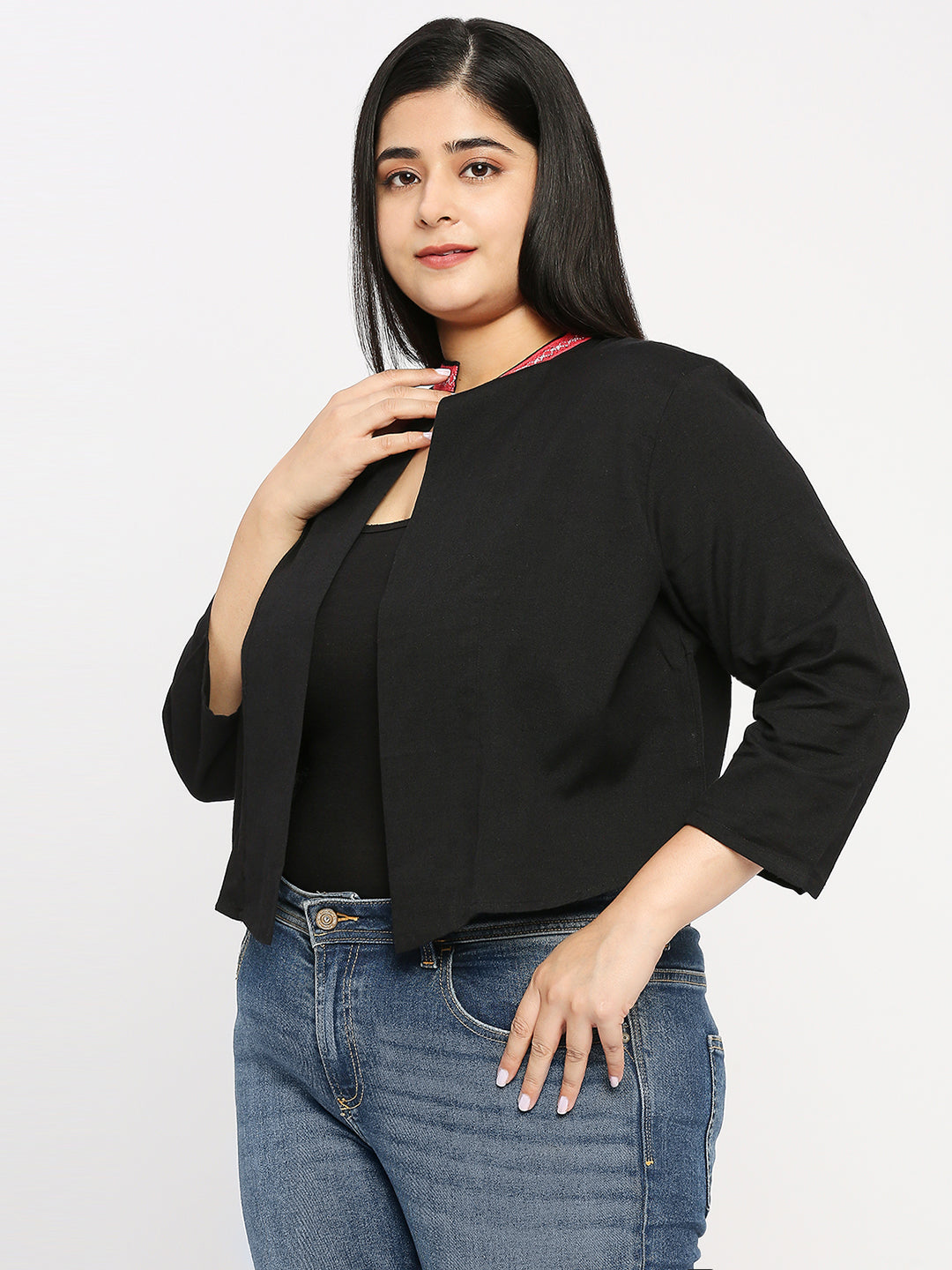 Style Quotient Plus Women Solid Black Cotton Smart Casual Crop Shrug-Shrug-StyleQuotient