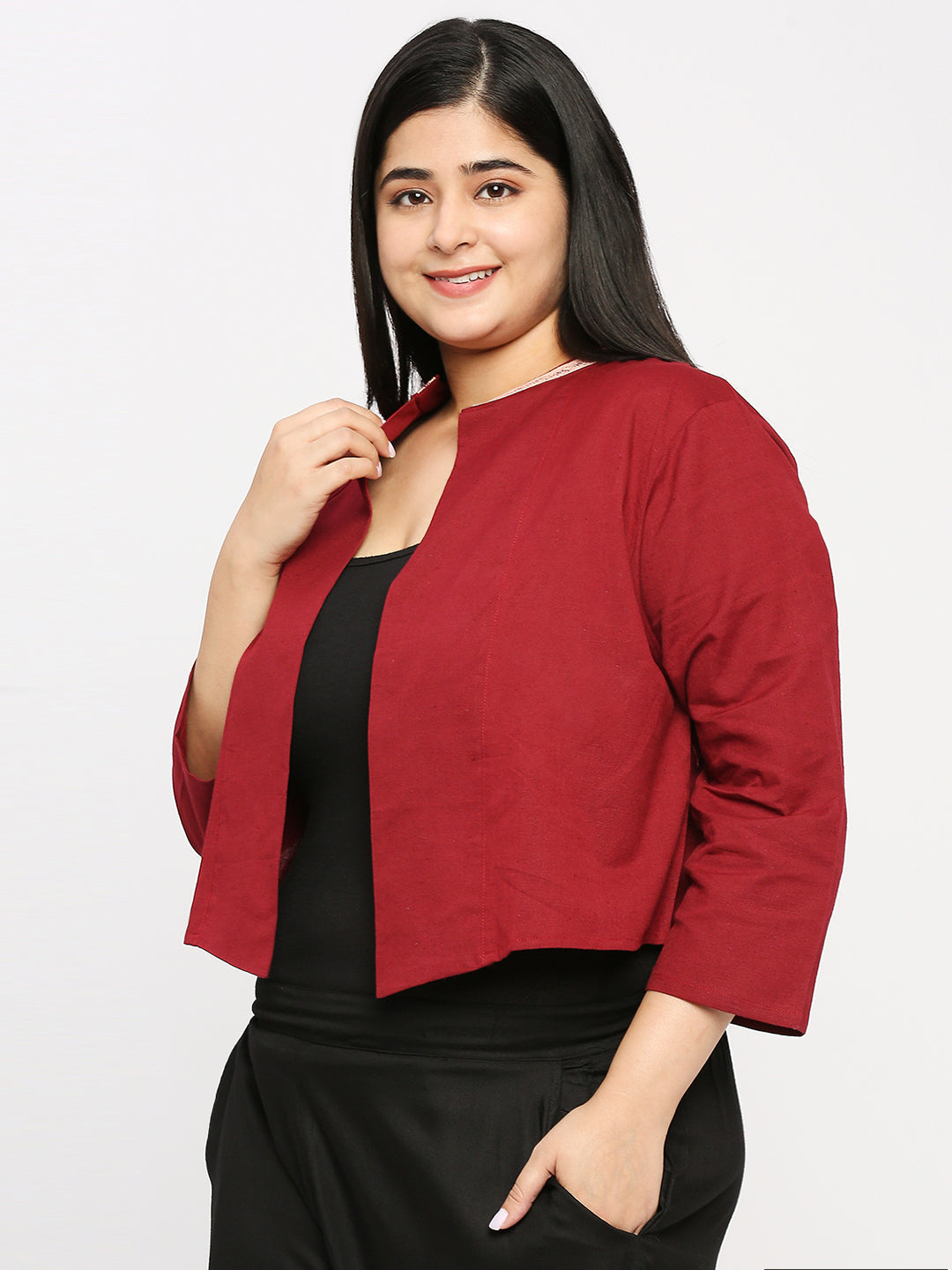 Style Quotient Plus Women Solid Wine Cotton Smart Casual Crop Shrug-Shrug-StyleQuotient