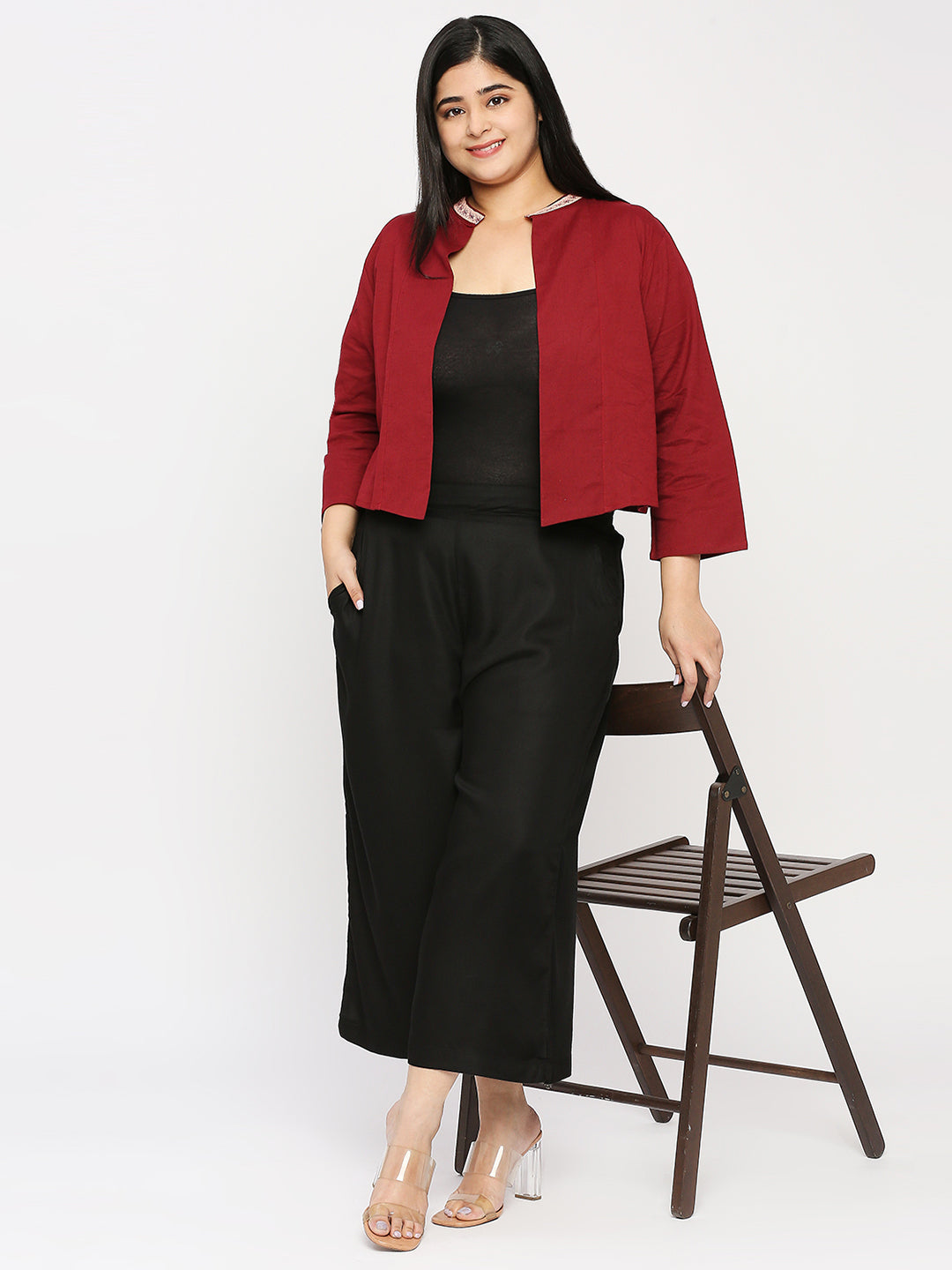 Style Quotient Plus Women Solid Wine Cotton Smart Casual Crop Shrug-Shrug-StyleQuotient