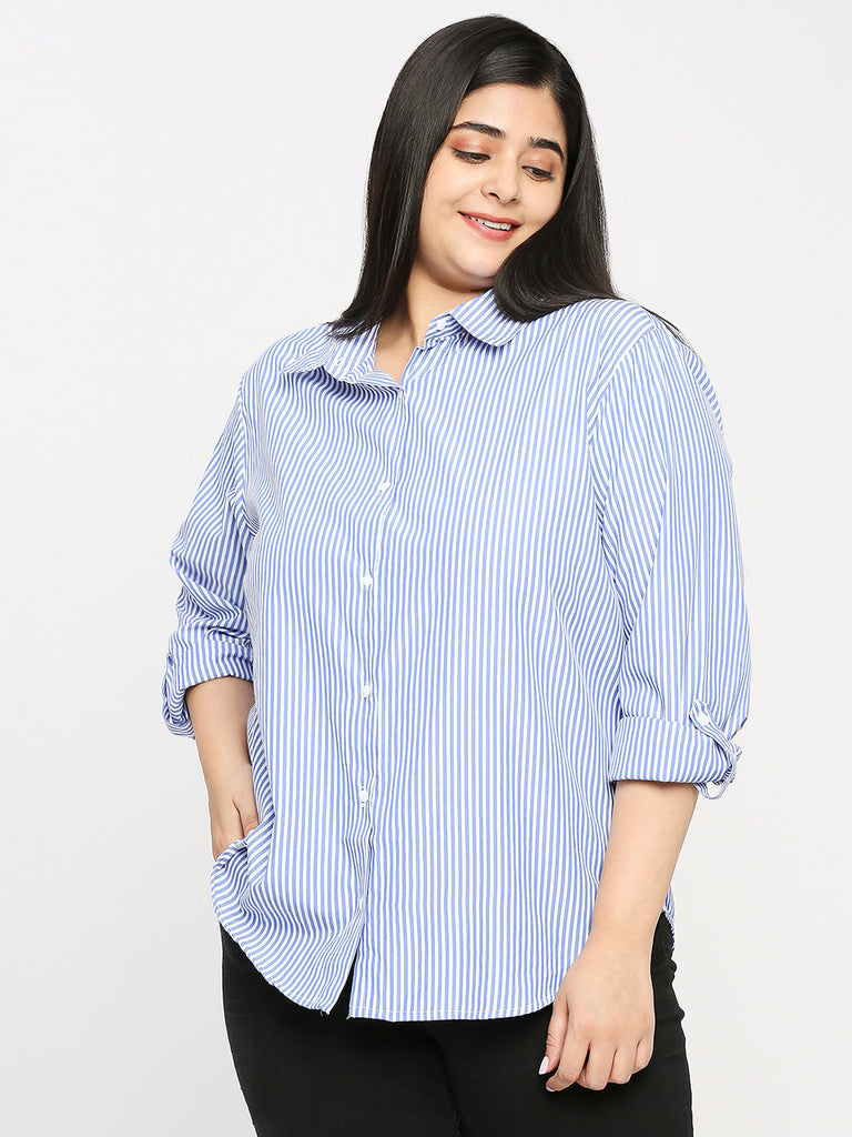 Style Quotient Plus Women Blue And White Stripe Polycotton Regular Formal Shirt-Shirts-StyleQuotient