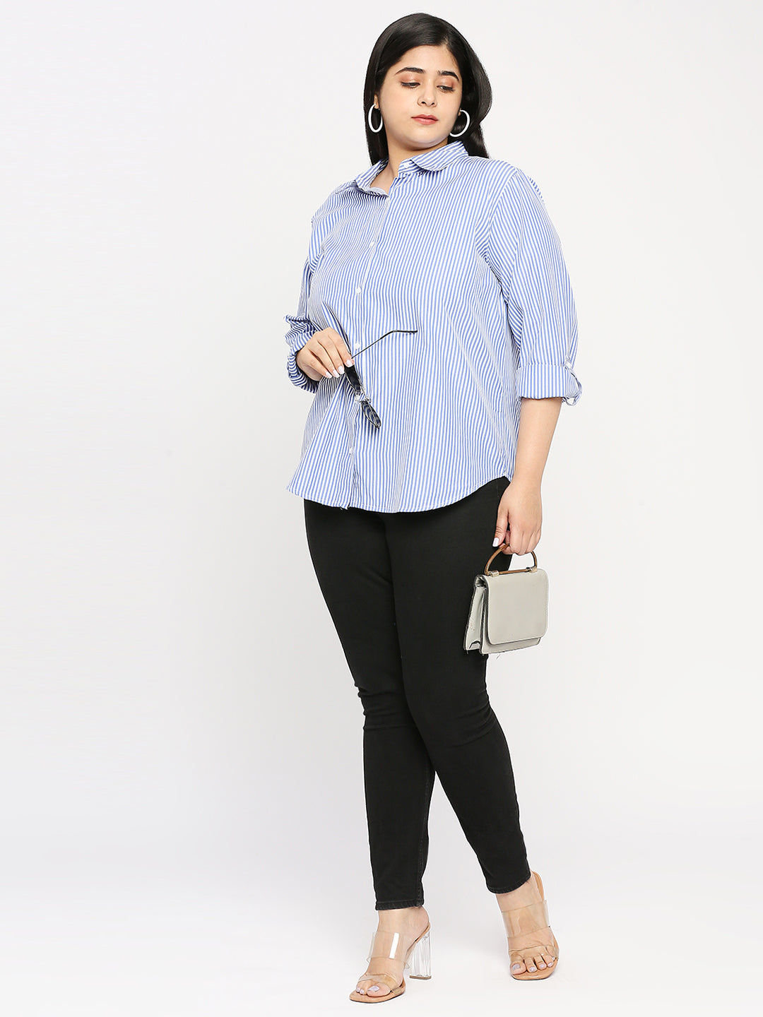 Style Quotient Plus Women Blue And White Stripe Polycotton Regular Formal Shirt-Shirts-StyleQuotient