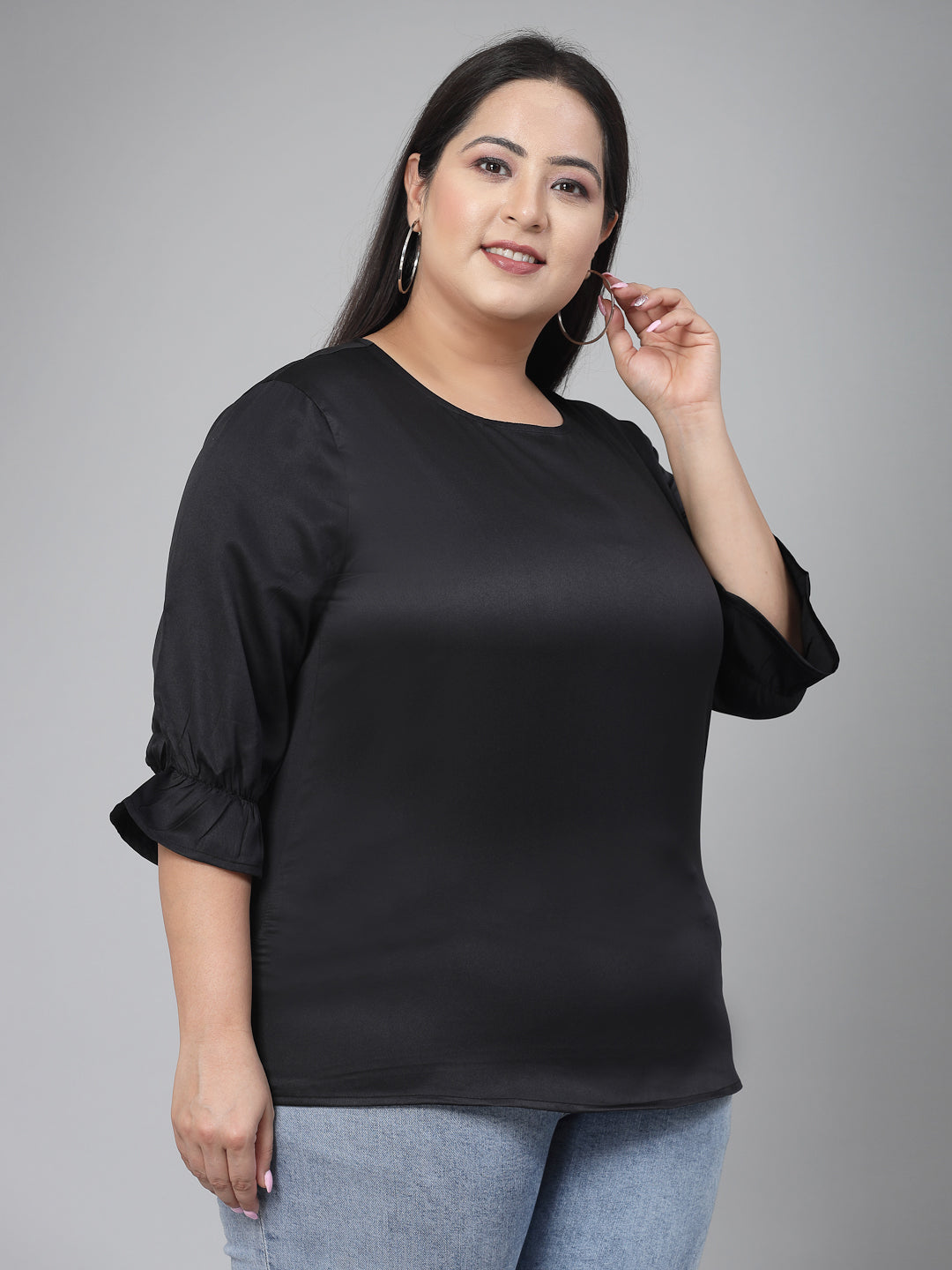 Style Quotient Plus Women Solid Black Satin Smart Casual Top-Tops-StyleQuotient