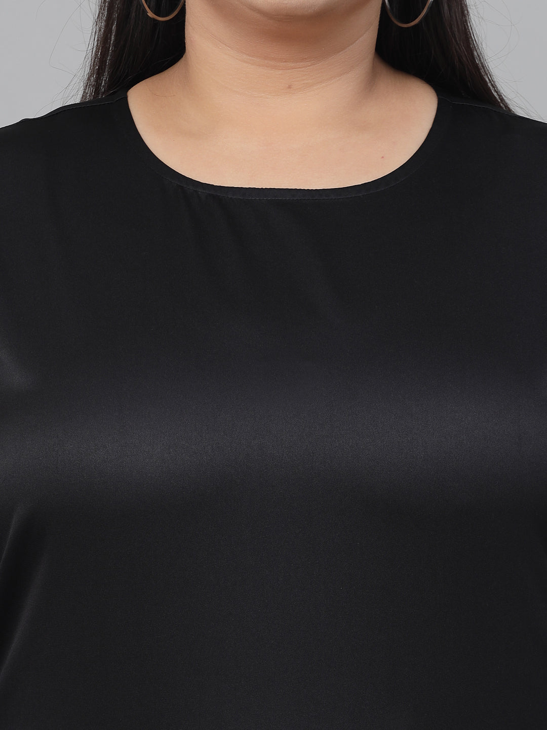 Style Quotient Plus Women Solid Black Satin Smart Casual Top-Tops-StyleQuotient