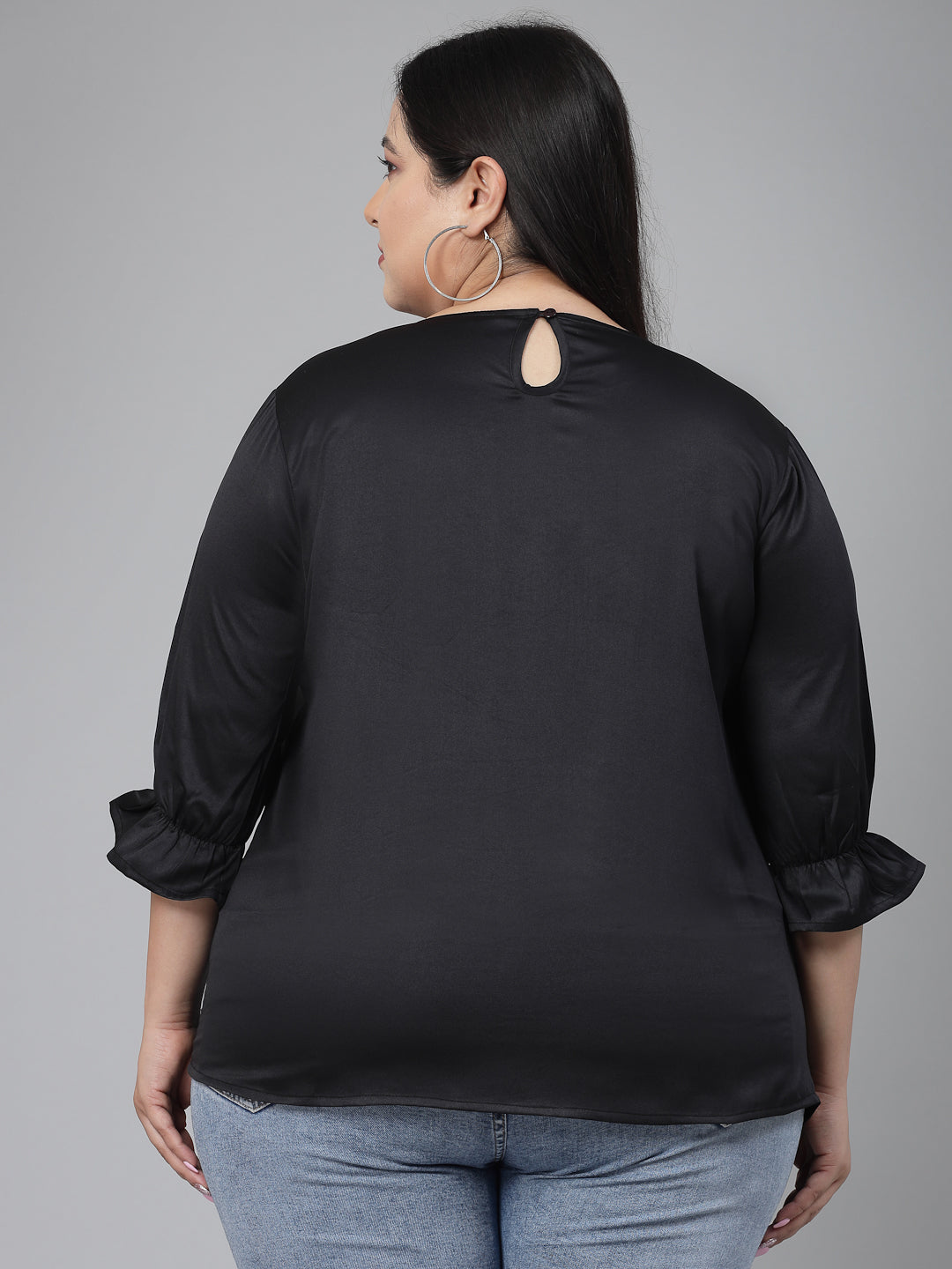 Style Quotient Plus Women Solid Black Satin Smart Casual Top-Tops-StyleQuotient