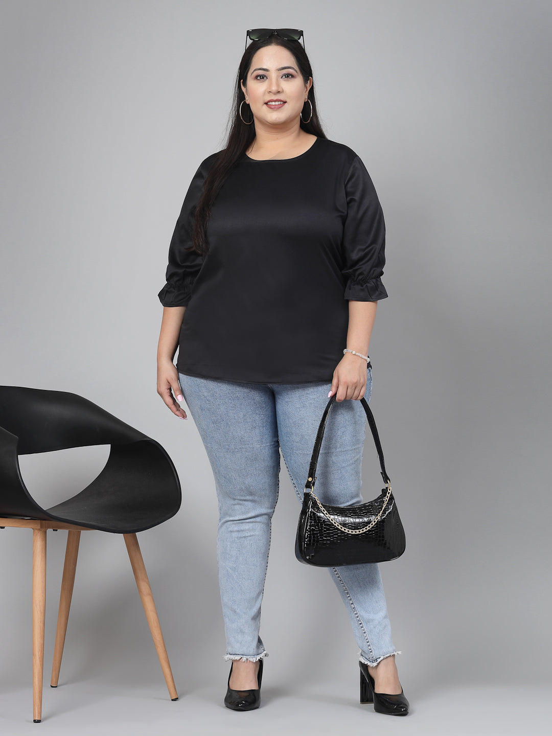 Style Quotient Plus Women Solid Black Satin Smart Casual Top-Tops-StyleQuotient