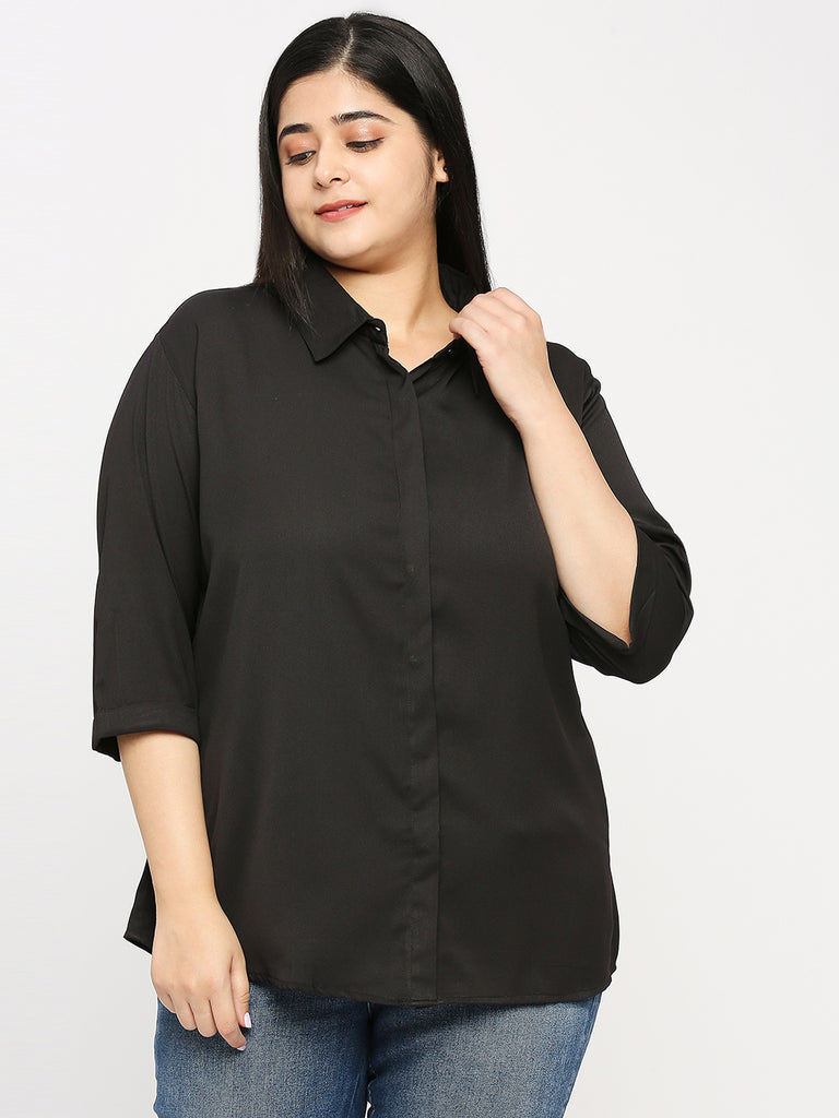 Style Quotient Plus Women Solid Black Polyester Regular Formal Shirt-Shirts-StyleQuotient