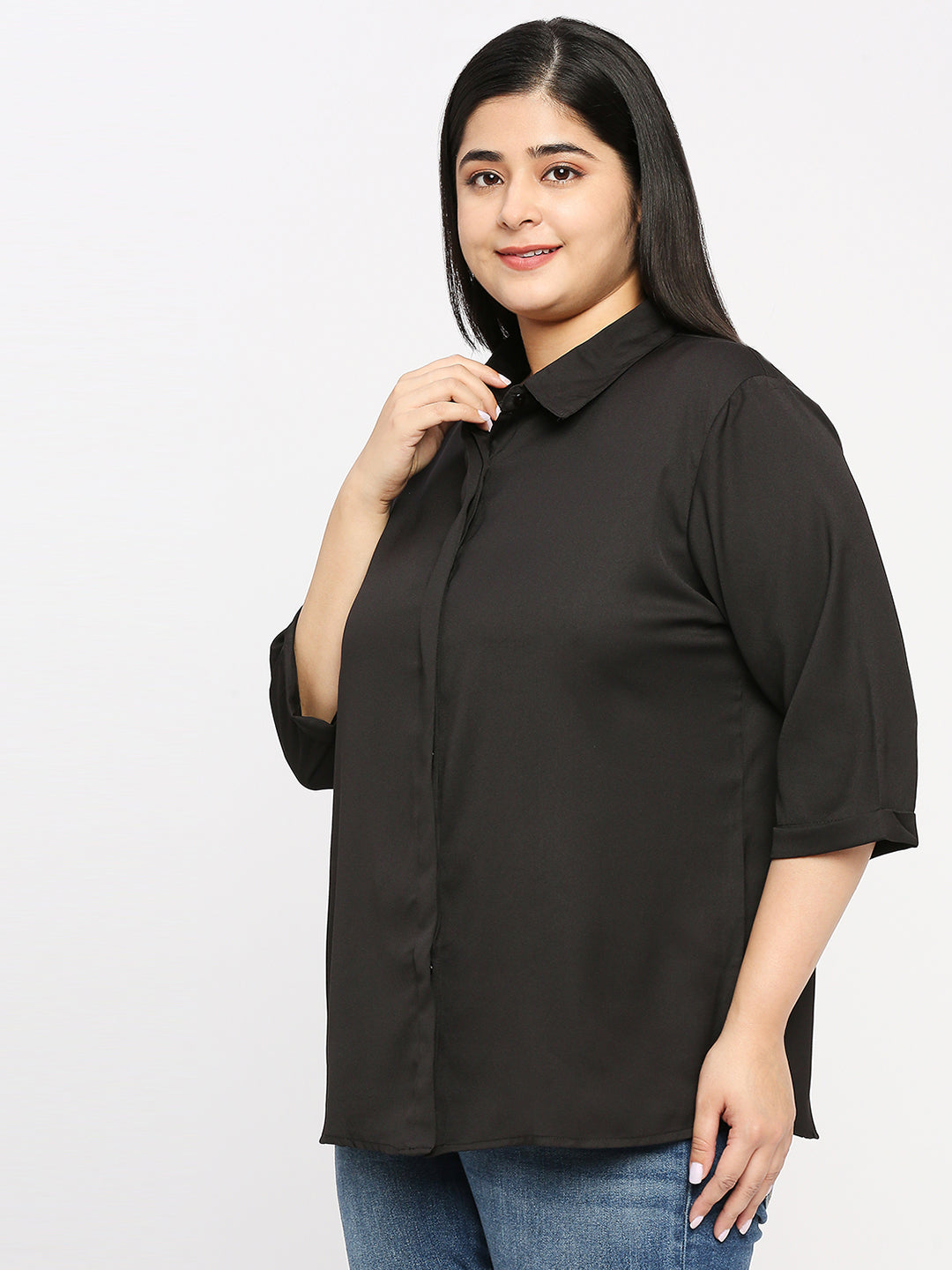 Style Quotient Plus Women Solid Black Polyester Regular Formal Shirt-Shirts-StyleQuotient