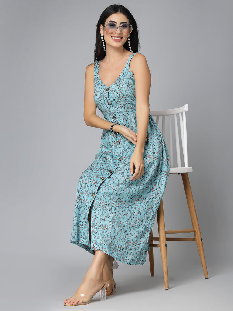 Style Quotient Women Sea Green Floral Printed Rayon Midi Dress-Dresses-StyleQuotient