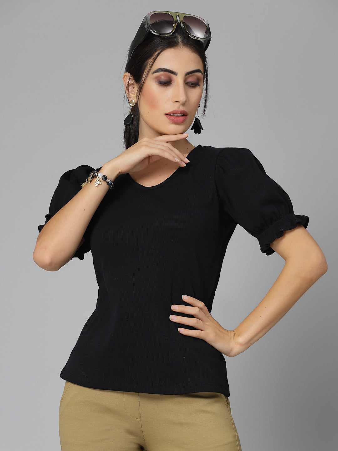 Style Quotient Women Solid Black Ribknit Regular Smart Casual Top-Tops-StyleQuotient