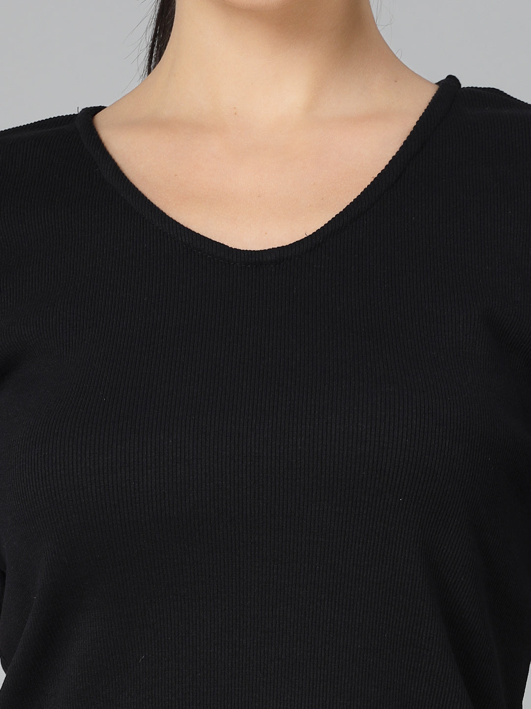 Style Quotient Women Solid Black Ribknit Regular Smart Casual Top-Tops-StyleQuotient