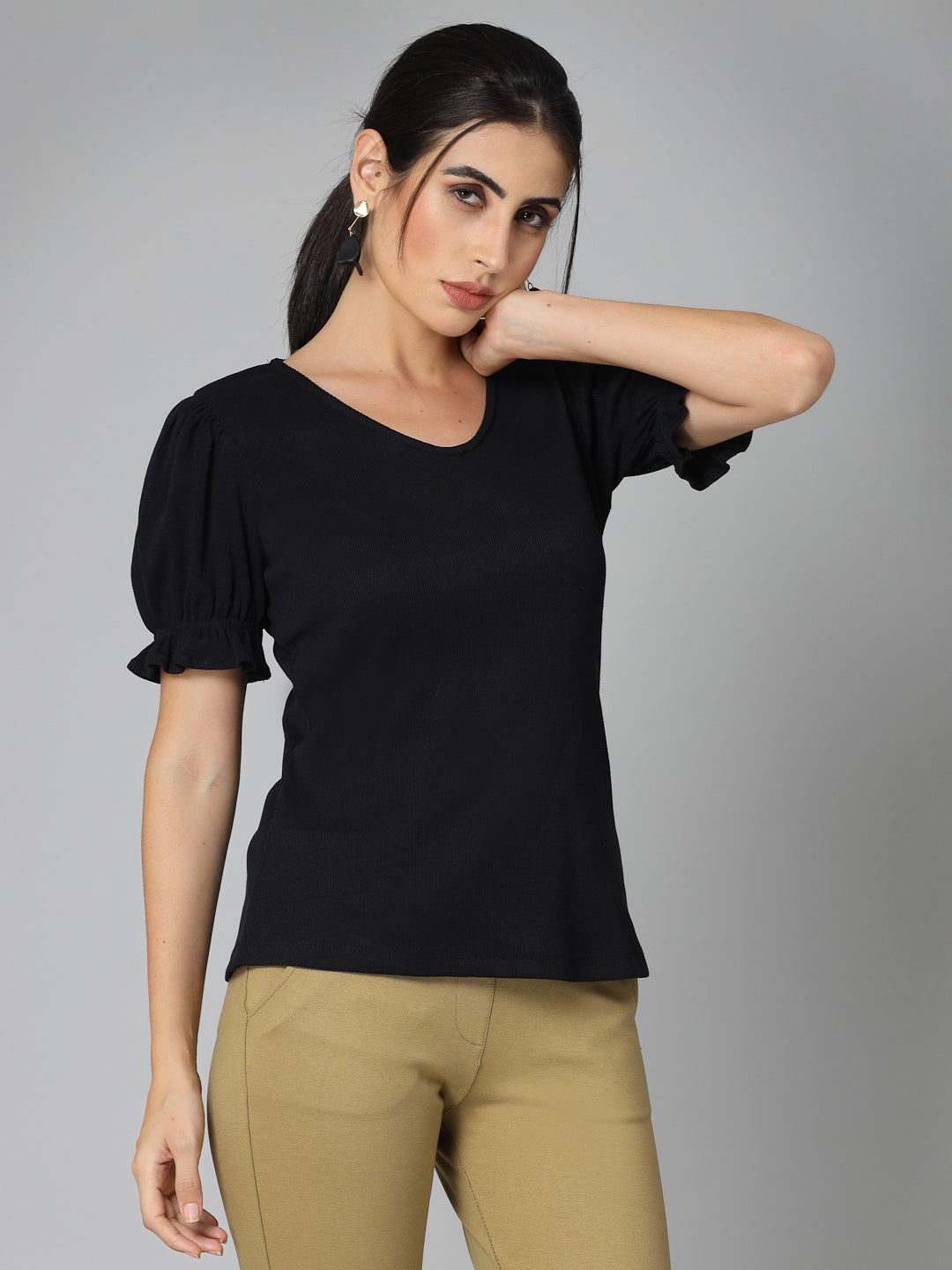 Style Quotient Women Solid Black Ribknit Regular Smart Casual Top-Tops-StyleQuotient
