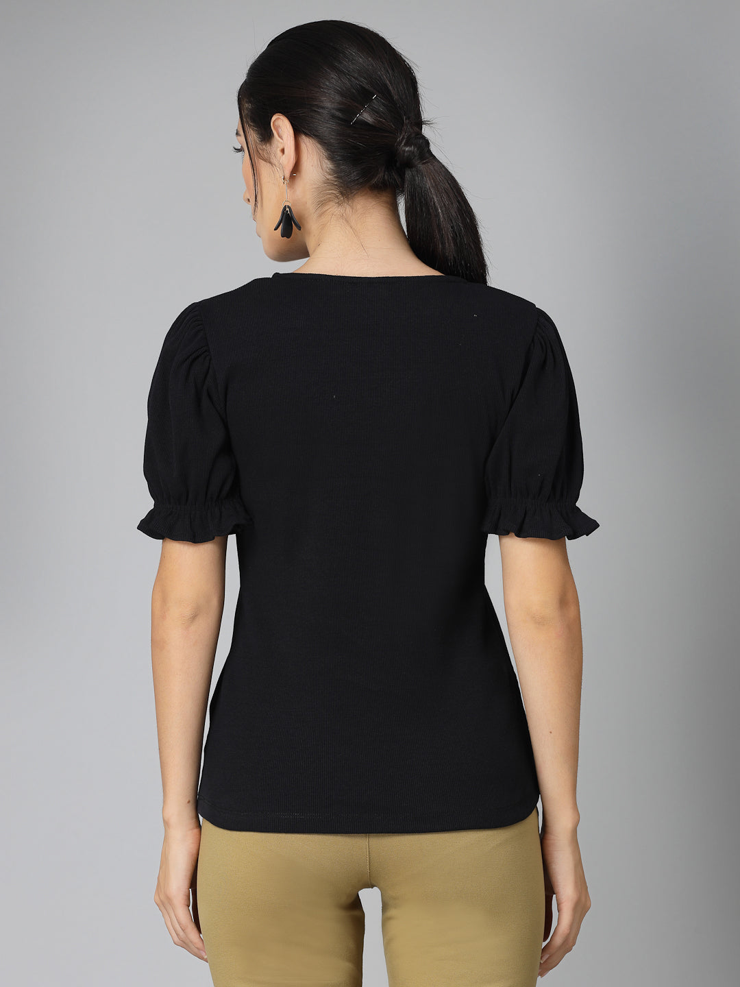 Style Quotient Women Solid Black Ribknit Regular Smart Casual Top-Tops-StyleQuotient