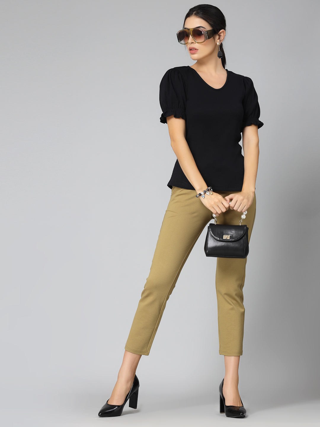 Style Quotient Women Solid Black Ribknit Regular Smart Casual Top-Tops-StyleQuotient