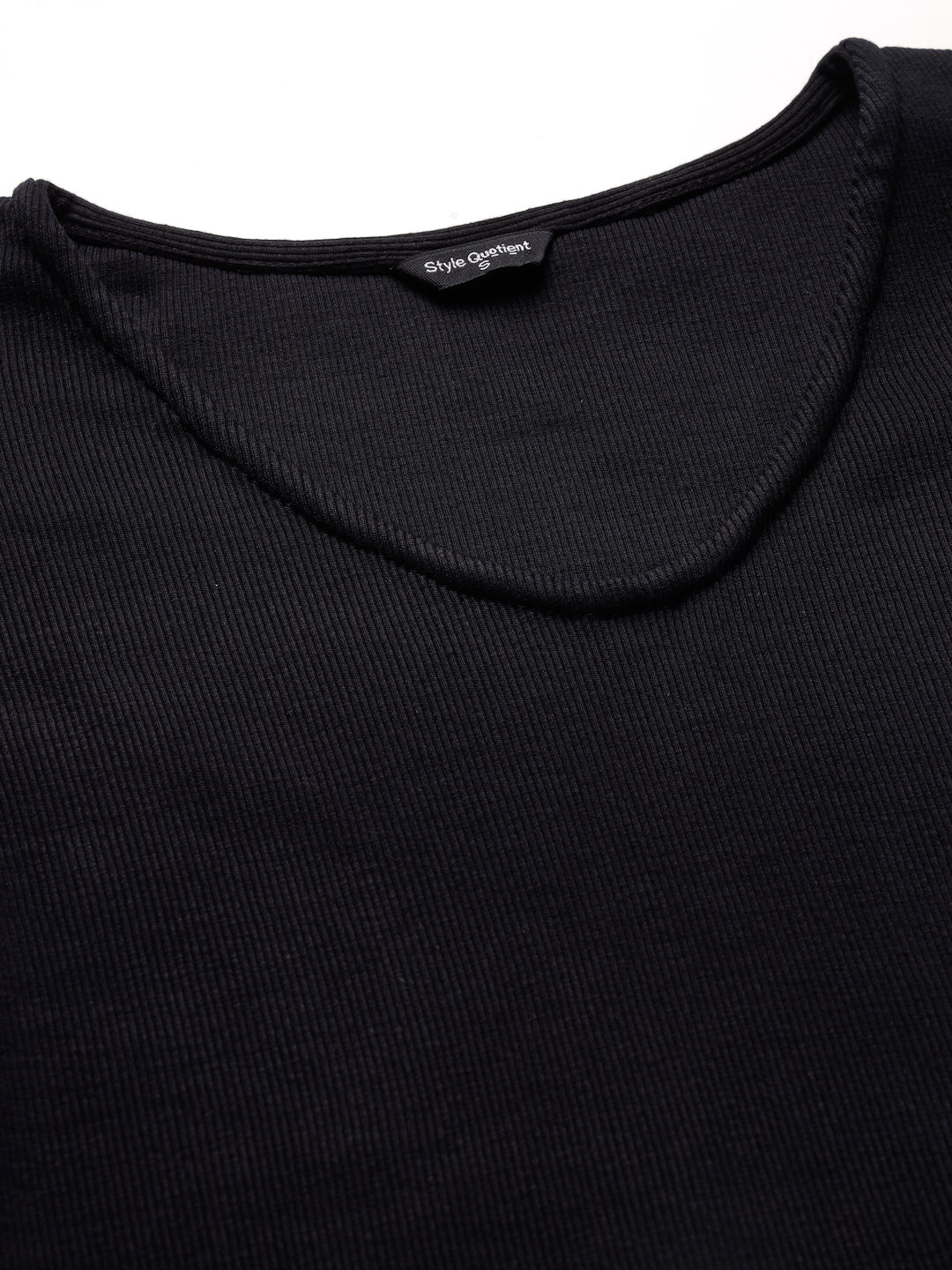 Style Quotient Women Solid Black Ribknit Regular Smart Casual Top-Tops-StyleQuotient